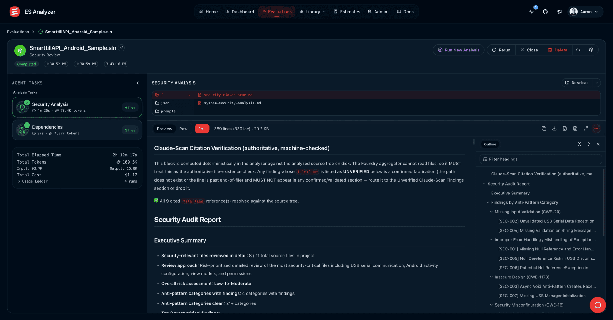 ES Analyzer showing a completed security evaluation with agent tasks, the generated report, and an outline panel